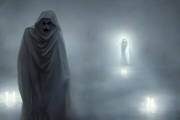 The sky is dark and the ghosts are floating around in the air.