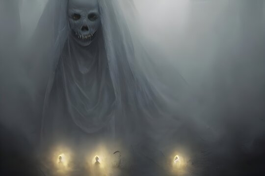 There are three ghosts in the picture. They look very scary and they seem to be floating in the air.