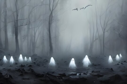 I see Halloween scary ghosts in the picture. They are white and they have black eyes. Their mouths are open and they look like they are screaming.