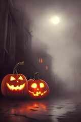 Naklejka premium orange and black pumpkins with carved happy or scary faces sit on a hay bale in front of a red barn.