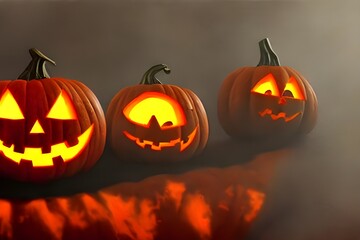You see three carved pumpkins sitting on a porch. They are illuminated by candles, and their expressions are spooky.