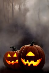 Naklejka premium It's Halloween, and these pumpkins are looking pretty scary! Their big, orange faces are either smiling wickedly or frowning ominously, and their green leaves look like they're ready to pounce. Beware