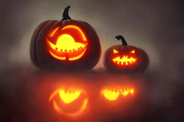 Fototapeta premium The Halloween scary pumpkins are sitting on the front porch, waiting to scare the trick-or-treaters. They have mean faces and sharp teeth, and they're eager to jump out and frighten anyone who comes n