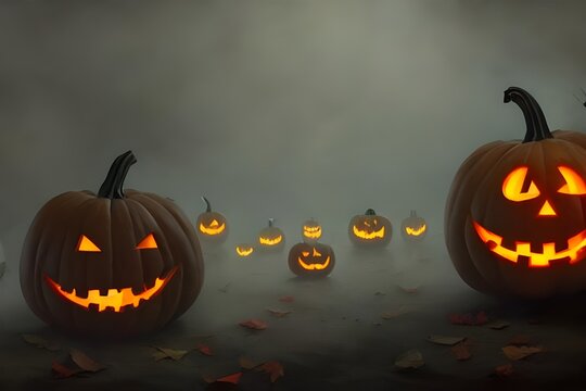 A pumpkin sits on a table with a candle inside of it. The flame flickers and casts scary shadows around the room.