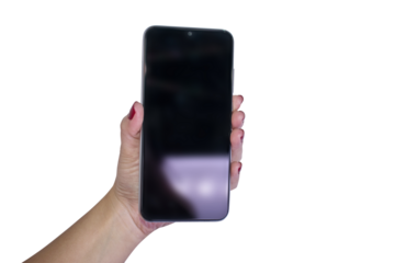 hand holding smatphone to selfie with transparent background	