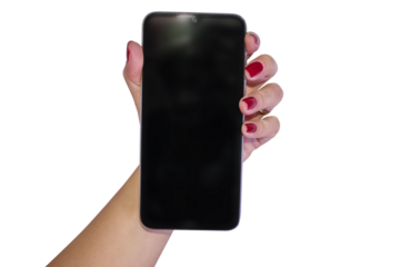 hand holding smatphone to selfie with transparent background	