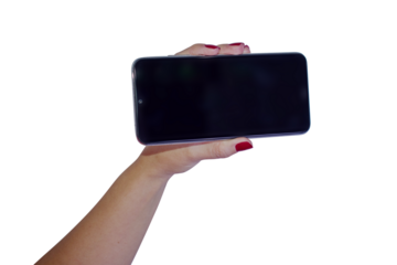 hand holding smatphone to selfie with transparent background	