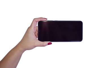 hand holding smatphone to selfie with transparent background	