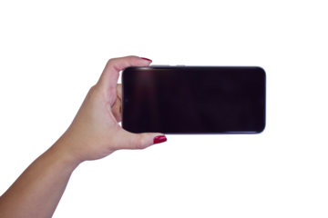hand holding smatphone to selfie with transparent background	
