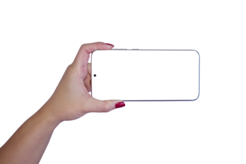 hand holding smatphone to selfie with transparent background	