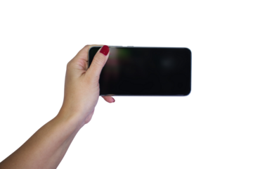 hand holding smatphone to selfie with transparent background	