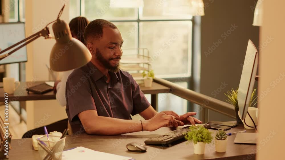 Poster executive manager browsing data information on internet website, using computer to do business resea
