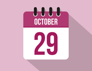 29 day October calendar. Calendar vector for October in pink color on light background