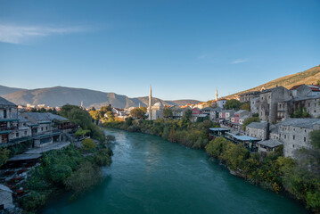 Fototapeta na wymiar View from mostar bridge, unesco world heritage rebuild balkan architecture mosque