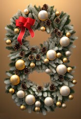 3D Rendered Holiday Wreath. Computer generated image of a Christmas wreath. Evergreen tree branches with pinecones and ornaments decorated for the 2022 holiday season.. 