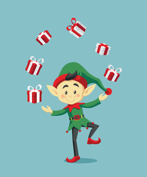 Funny Elf Juggling Christmas Gifts Vector Cartoon Illustration. Cheerful little helper of Santa Claus performing a fun trick 
