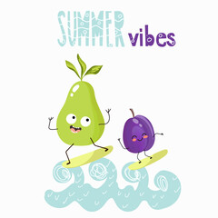 Vector illustration of funny characters, cartoon characters, pear and plum, funny fruits, summer vibes, party, beach.