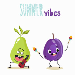 Vector illustration of funny characters, cartoon characters, pear and plum, funny fruits, summer vibes, party, beach.