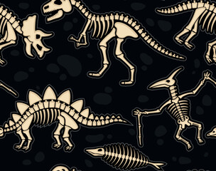 Fototapeta na wymiar Seamless pattern with dinosaur skeleton. Repeating template with body bones of pterodactyl, triceratops and brachosaurus. Ancient creatures. Design element for print. Cartoon flat vector illustration