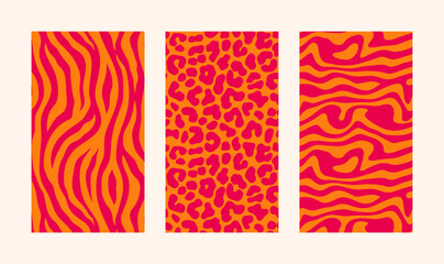 Groovy Hippie 70s Backgrounds Set. Vector Animal Skin Wallpapers: Wavy Lines, Zebra Stripes, Leopard © Sini4ka