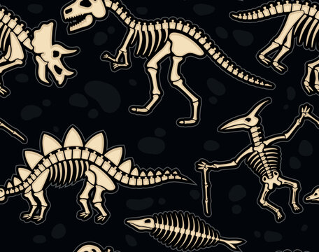 Seamless pattern with dinosaur skeleton. Repeating template with body bones of pterodactyl, triceratops and brachosaurus. Ancient creatures. Design element for print. Cartoon flat vector illustration