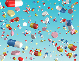 Pills and capsules falling on blue gradient sky background. Also available as an animation - search for 197533630 in Videos. 3D illustration. Medicine, medical, pharmaceuticals.