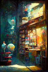 Fototapeta premium Bookshop in a science fiction alien world. painting in oils, illustration