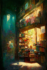 Naklejka premium Bookshop in a science fiction alien world. painting in oils, illustration