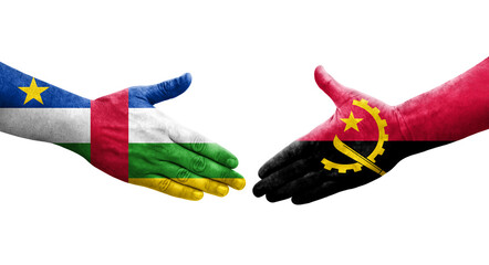 Handshake between Angola and Central African Republic flags painted on hands, isolated transparent image.