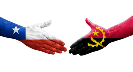 Handshake between Angola and Chile flags painted on hands, isolated transparent image.