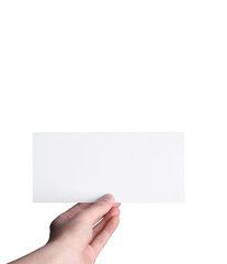 hand holding blank voucher card on transparent background
