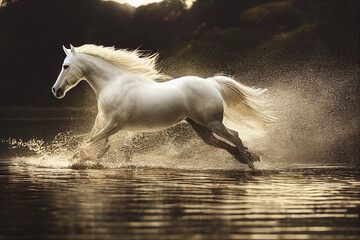 A beautiful amazing white horse runs on the water. Mystical portrait of an elegant stallion....