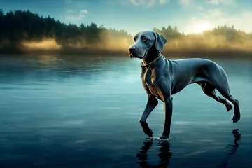 Weimaraner-Hund, der in Wasser springt. © Viks_jin