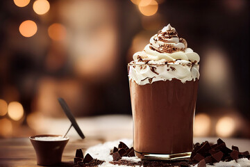 Chocolate milkshake in glass whipped cream topping. 