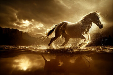 Obraz na płótnie Canvas A beautiful amazing white horse runs on the water. Mystical portrait of an elegant stallion. Reflection of a white horse in the water. 3d render