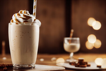 Chocolate milkshake in glass whipped cream topping. 