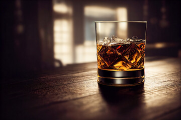 Glass of whiskey with natural ice. 3d render