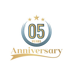 Obraz premium 05 Year Anniversary Vector Template Design Illustration. Gold And Blue color design with ribbon