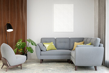 3d rendered illustration of a bright iving room with mockup picture frame and wooden wall decoration.