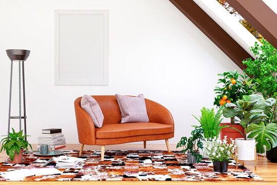 3d rendered illustration of a bright attic living room with indoor plants.