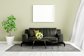 3d rendered illustration of a living room with black leather sofa.
