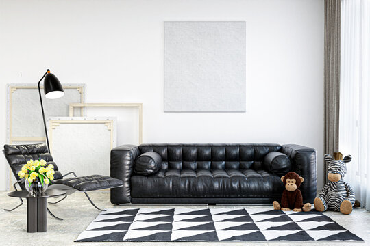 3d rendered illustration of a living room with suffed toy animals.