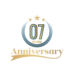07 Year Anniversary Vector Template Design Illustration. Gold And Blue color design with ribbon