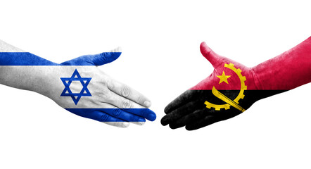 Handshake between Angola and Israel flags painted on hands, isolated transparent image.