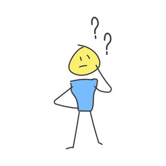 Fototapeta premium Little character thinking under question marks. Doubts and questions concepts. Problem solving. Vector doodle illustration