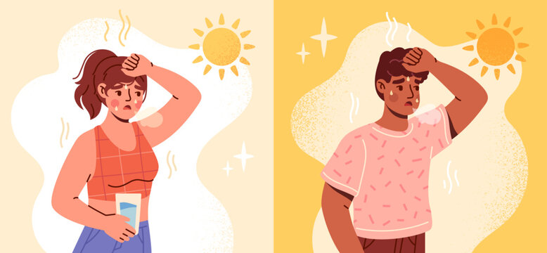 Heatstroke in hot weather. Man and woman suffer from high air temperature in summer season. Increased sweating, dehydration, dizziness and redness of skin. Cartoon flat vector illustration collection