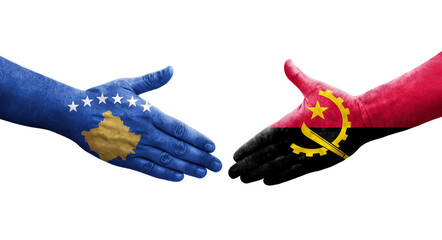 Handshake between Angola and Kosovo flags painted on hands, isolated transparent image.