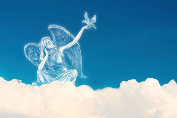 Beautiful angel in heaven on cloud with dove - 537675058