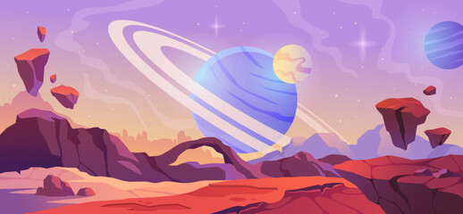 Space landscape. Banner or background with alien planets, saturn, mountains, stars and stones. universe or galaxy. Design element for fantasy game about cosmos. Cartoon flat vector illustration