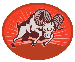 illustration of a Bighorn sheep or ram attacking with sunburst in the background set inside an oval.